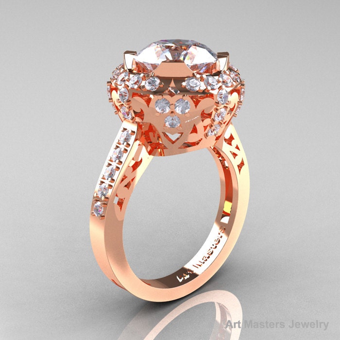 Moderne Edwardian 14K Rose Gold 3, 0 Carat Weiß Saphir Diamant-Verlobungsring, Ehering Y404-14Krgdws von artmasters
