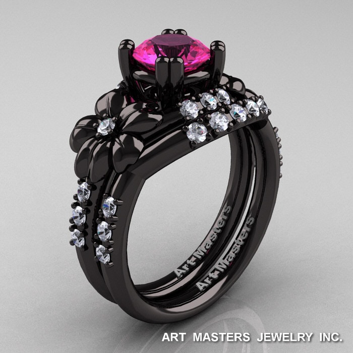 Natur Inspiriert 14K Schwarz 1, 0 Ct Rosa Saphir Diamant Blattgold Und Vine Verlobungsring Ehering Set R245S-14Kbgdps von artmasters