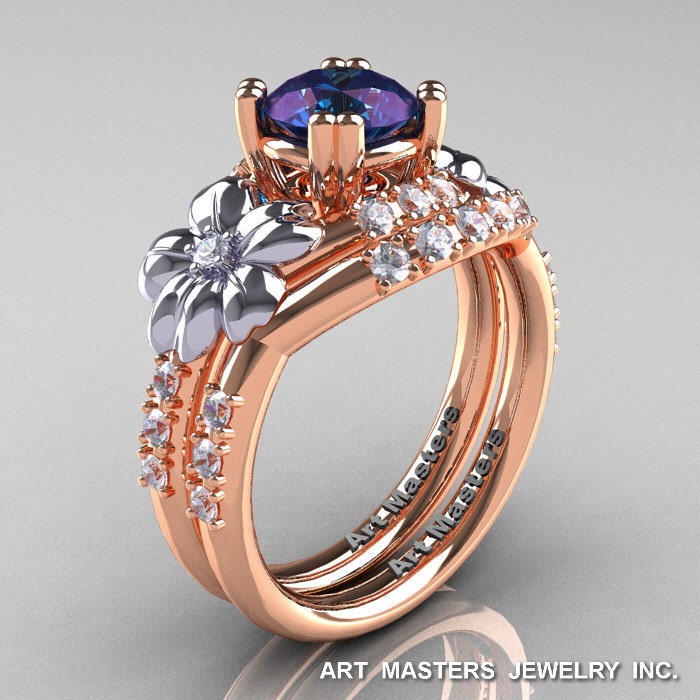 Nature Inspired 14K Rose Zweifarbiges Weißgold 1, 0 Kt Alexandrit Diamant Blatt Und Ranke Verlobungsring Ehering Set R245S-14Kttrwgdal von artmasters