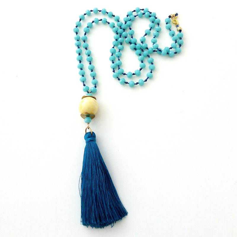 Blaue Quaste Perlen Halskette Boho Blau Und Gelb Mit Rosenkranz Lange Perlenkette Schmuck Geschenk Für Sie von artncreate