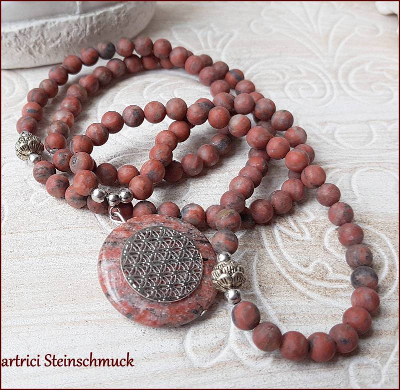 Schlichte Edelstein Mala/Kette Lotusblume Blume Des Lebens Sesamjaspis Edelstahl Rot Silber von artrici