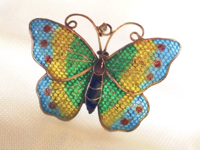 Silber Emaillierte Schmetterling Anhänger Halskette, Mit Plique Á Jour Emaille, Transparente Artisan Studio Mid Century von artywear