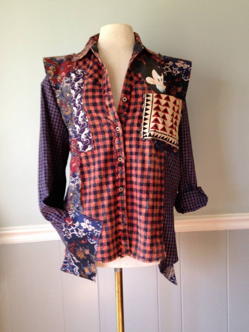 Upcycling Umgebaute Flanell Hemdjacke Frankenshirt Mickey Mouse Liberty Of London Libertine Style Needles Boho Boro Punk Streetwear von artywear