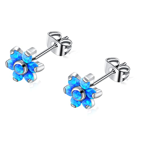 Titan Opal Labret Blumen Ohrstecker für Frauen Mädchen hypoallergen nickelfrei Geburtsstein Blau Opal Ohrringe für empfindliche Ohren Knorpelohrringe Damenschmuck von Artskin