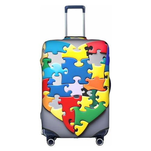 Gepäckabdeckung mit Puzzleteilen und Herz-Print zum Thema Autismus-Bewusstsein, Kofferschutz, Reisekoffer-Abdeckung für Kinder und Erwachsene, passend für 18-32 Zoll von asbwuo