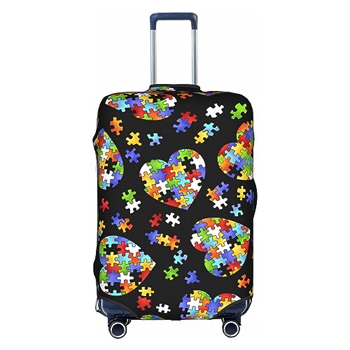 Gepäckabdeckung mit Puzzleteilen und Herz-Print zum Thema Autismus-Bewusstsein, Kofferschutz, Reisekoffer-Abdeckung für Kinder und Erwachsene, passend für 18-32 Zoll von asbwuo