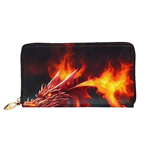 asbwuo Ledergeldbörse für Herren mit Drachenkönig-Print im Feuer-Design, schmale zweifach gefaltete Geldbörse mit durchgehendem Print-Design, sicherer Reißverschluss, RFID-Blockierung von asbwuo