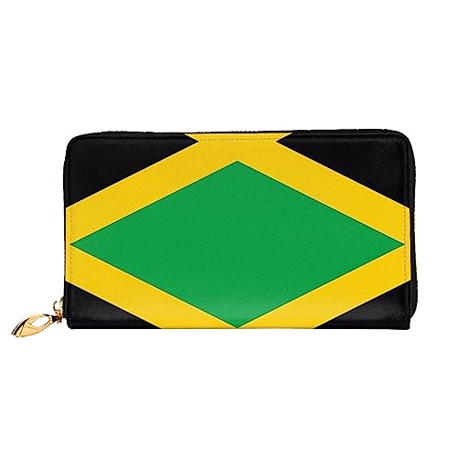 asbwuo Ledergeldbörse für Herren mit Jamaika-Flaggen-Print, schmale zweifach gefaltete Geldbörse mit durchgehendem Print-Design, sicherer Reißverschluss, RFID-Blockierung von asbwuo