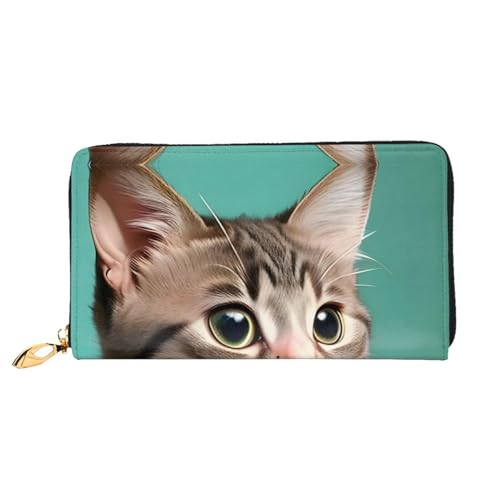 asbwuo Ledergeldbörse für Herren mit neugierigem Katzen-Print, schmale zweifach gefaltete Geldbörse mit durchgehendem Print-Design, sicherer Reißverschluss, RFID-Blockierung von asbwuo