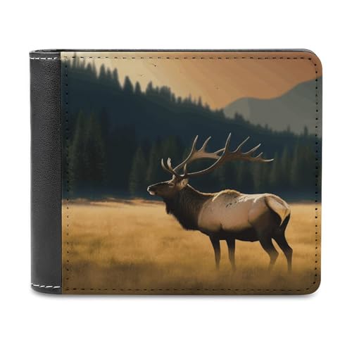 asbwuo PU-Geldbörse für Herren, personalisierte Kartenhalter-Geldbörse mit lustigem Elch-auf-der-Wiese-Druck, Herren-Geldbörsen für Arbeit, Reisen und den täglichen Gebrauch von asbwuo