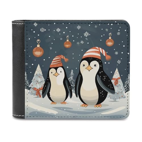 asbwuo PU-Geldbörse für Herren, personalisierte Kartenhalter-Geldbörse mit lustigem Frohe-Weihnachts-Pinguin-Print, Herren-Geldbörsen für Arbeit, Reisen und den täglichen Gebrauch von asbwuo
