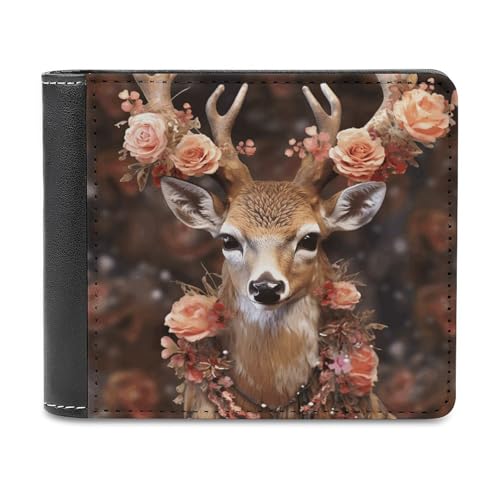 PU-Geldbörse für Herren, personalisierte Kartenhalter-Geldbörse mit lustigem Hirsch mit Blumen-Print, Herren-Geldbörsen für Arbeit, Reisen und den täglichen Gebrauch von asbwuo