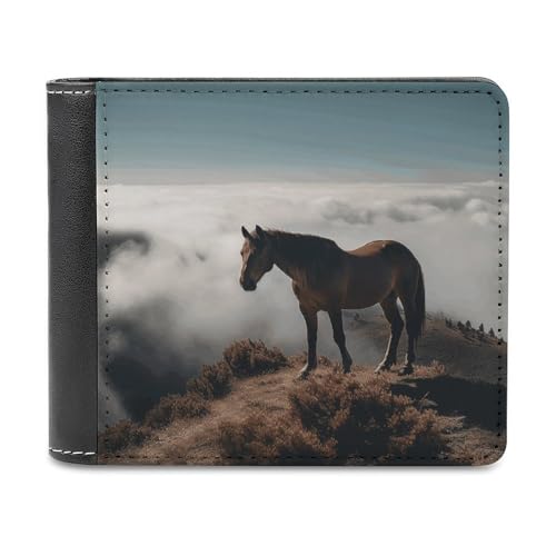 PU-Geldbörse für Herren, personalisierte Kartenhalter-Geldbörse mit lustigem Pferd auf einem nebligen Berggipfel-Druck, Herren-Geldbörsen für Arbeit, Reisen und den täglichen Gebrauch von asbwuo