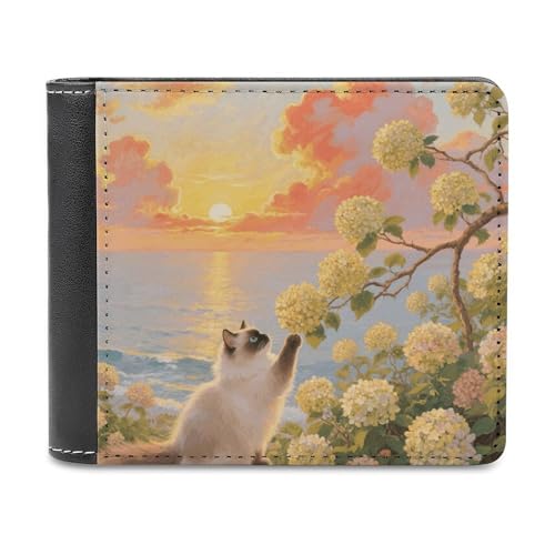 Pu-Geldbörse für Herren, personalisierte Kartenhalter-Geldbörse, lustiges Dämmerungsblumen-Katzen-Print, Herren-Geldbörsen für Arbeit, Reisen und den täglichen Gebrauch von asbwuo