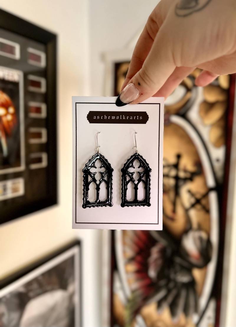 Gothic Cathedral Earrings - Black 3D Printed Statement | Kirchenfenster Design Gothic Cathedral Earrings - Black 3D Printed Statement | Kirchenfenster Design von aschewolkearts