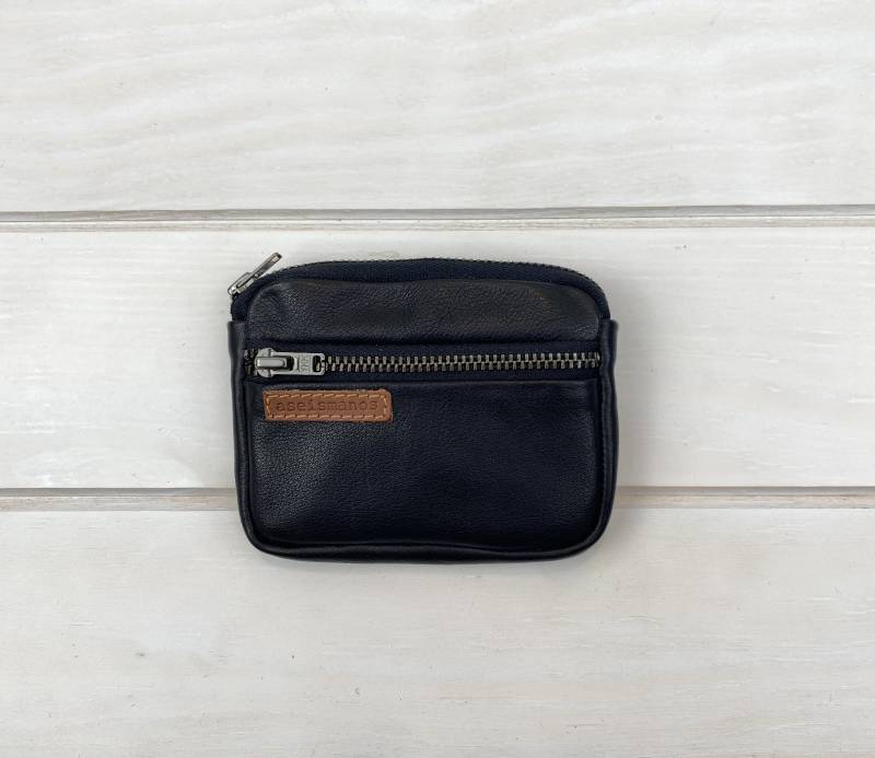 Funktionelle Geldbörse Aus Leder, Kleines Ledergeschenk, Geschenk Für Ihn, Kleine Reißverschlusstasche, Schwarze Lederbrieftasche, Väter, Echtes von aseismanos