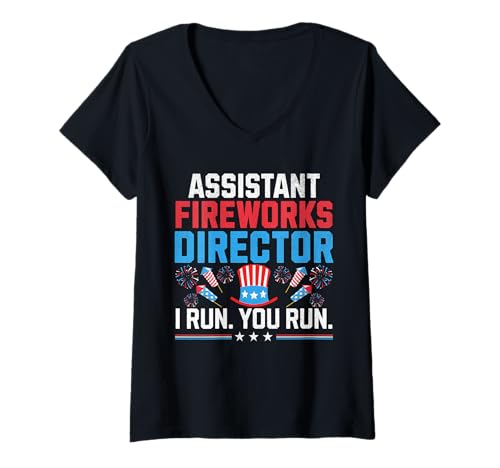 Damen Lustiger Assistent Feuerwerk Regisseur I Run You Run 4th Of Juli T-Shirt mit V-Ausschnitt von assistant fireworks director i run you run