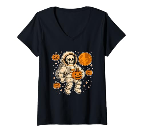 Damen Astronauten-Skelett mit Kürbissen im Weltraum T-Shirt mit V-Ausschnitt von astronaut skeleton pumpkins moon space halloween