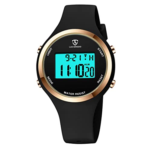 aswan watch Digitaluhr für Damen mit Wecker,Stoppuhr,LED Licht,Datum-Casual Armbanduhr mit Silikonarmband Schwarz von aswan watch