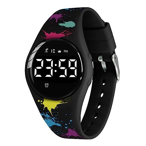 aswan watch Digitaluhr Kinder Mädchen Jungen mit Schrittzähler,Wecker,Stoppuhr, Licht,Datum-Sport Armbanduhr ohne App und Handy mit Silikonarmband, T6F-GRAFFITI-BLACK-BQB von aswan watch