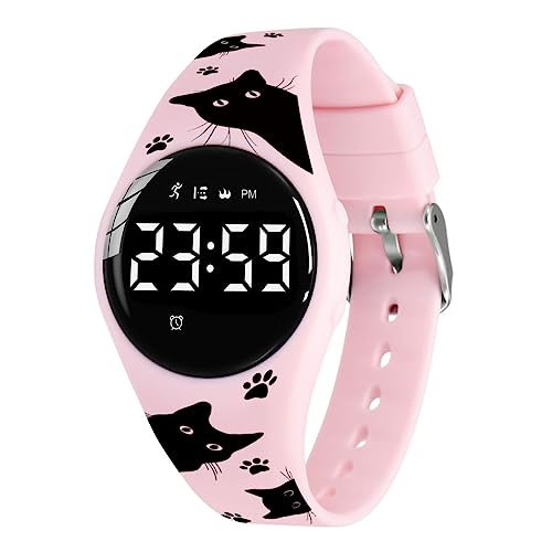 aswan watch Digitaluhr Kinder Mädchen Jungen mit Schrittzähler,Wecker,Stoppuhr, Licht,Datum-Sport Armbanduhr ohne App und Handy mit Silikonarmband, T6F-Cat-Pink-BQB von aswan watch