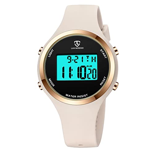 aswan watch Digitaluhr für Damen mit Wecker,Stoppuhr,LED Licht,Datum-Casual Armbanduhr mit Silikonarmband Off-White von aswan watch