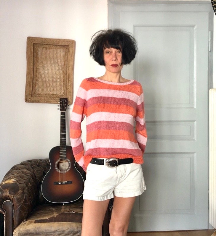 Damen Leinenkleider - Rosa Leinenpullover Gestricktes Leinentop Handgemachtes Sommerleinenpullover Gestreifter von atelierPop