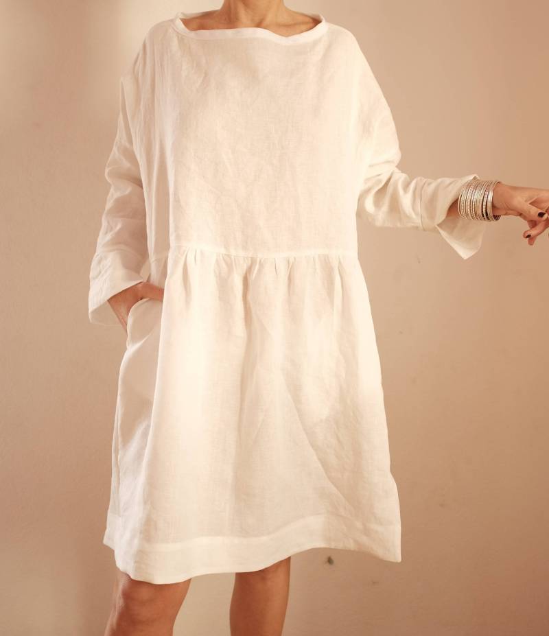 Leinenkleid - Weißes Leinentunika Lockeres Sommerkleidung Lockere Tunika Übergroße von atelierPop