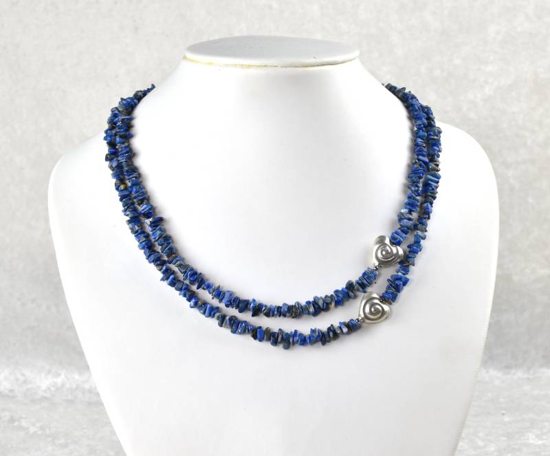 Halskette, Lapis-Lazuli-Splitterkette, 2Reihige Kette, Mit Zwei 925/Silberherzen, Federring-Schloß von atelieriede