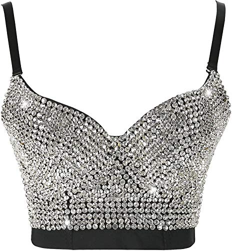 Women's Handmade Rhinestone Shining Diamond Push up Bustier Club Party Bra Cropped Top Vest (Black Silver Bottom, Small) von atokiss