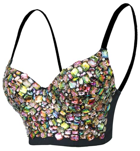 atokiss Damen Bustier mit schillernden Edelsteinen und Strasssteinen, sexy Club-Party, funkelndes Korsett-Top, Mehrfarbige Strasssteine, schwarz, X-Small von atokiss