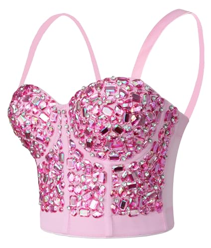 atokiss Damen-Bustier mit Strasssteinen und funkelnden Edelsteinen, bauchfreies Top, sexy Netzstoff, Party-Korsett-BH, Pink, Medium von atokiss