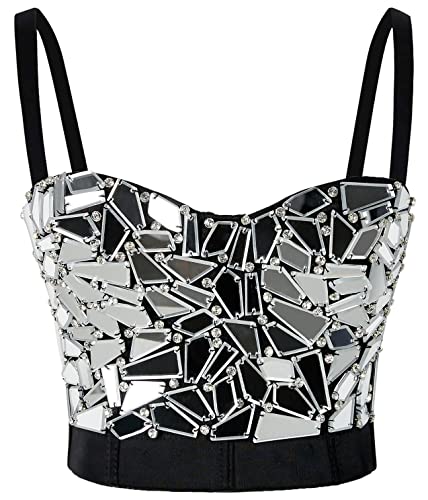 atokiss Damen Push-up-Bustier mit Pailletten und Strasssteinen, bauchfreies Top, funkelnd, Punk, Korsett-BH, Club-Party, Silberfarbene Pailletten-Bustiers, Medium von atokiss