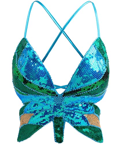 atokiss Frauen Sparkle from Within Butterfly Pailletten Tank Top Spaghetti Strap Crop Top Enge Ärmellos Schlauchoberteil Weste, Multicolor Lake Blue, Einheitsgröße von atokiss