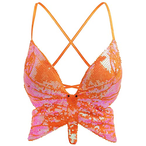 atokiss Frauen Sparkle from Within Butterfly Pailletten Tank Top Spaghetti Strap Crop Top Enge Ärmellos Schlauchoberteil Weste, Orange/Abendrot im Zickzackmuster (Sunset Chevron), Einheitsgröße von atokiss