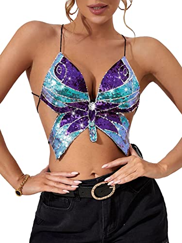 atokiss Frauen Sparkle from Within Butterfly Pailletten Tank Top Spaghetti Strap Crop Top Enge Ärmellos Schlauchoberteil Weste, Violett, Einheitsgröße von atokiss