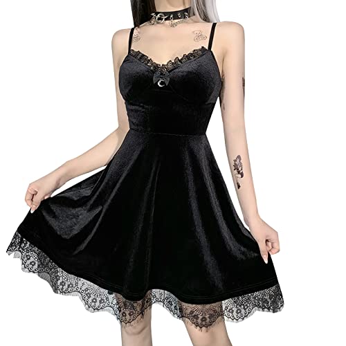 atokiss Gothic Spitze ärmelloses Kleid schwarz Spitze drapiert figurbetont Damen Club Party Kleid Vintage Goth Frauen Minikleider, 01 Schwarz, X-Klein von atokiss