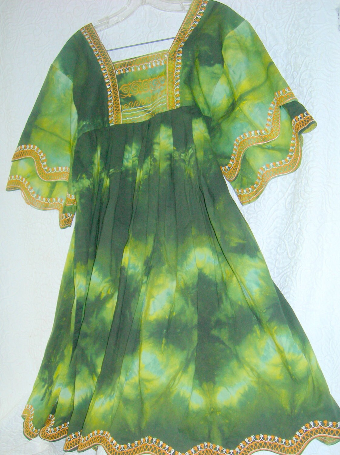 Vintage Wunderschönes Grünes Shibori Batik Muu Kleid/Top-Large/Ex Groß-Schöne Stickerei von auntflorieshouse