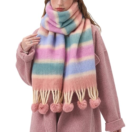 auons Damen Winter Schals Wraps Warme Decke Schal Übergroße Dicke Mehrfarbige gestreifte Schal Lange Stola mit Quasten, Rosa Blau von auons