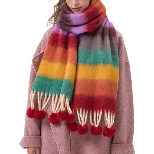 auons Damen Winter Schals Wraps Warme Decke Schal Übergroße Dicke Mehrfarbige gestreifte Schal Lange Stola mit Quasten, Rot Orange von auons