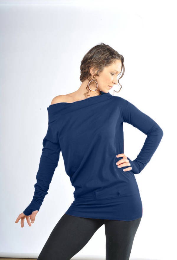 Entspannte Passform Langarm - Offene Schulter Top - Kalte Bluse-Navy Blue Tops - Pixie Langarm-Sportliche Tragen-Herbst von aurorawear1