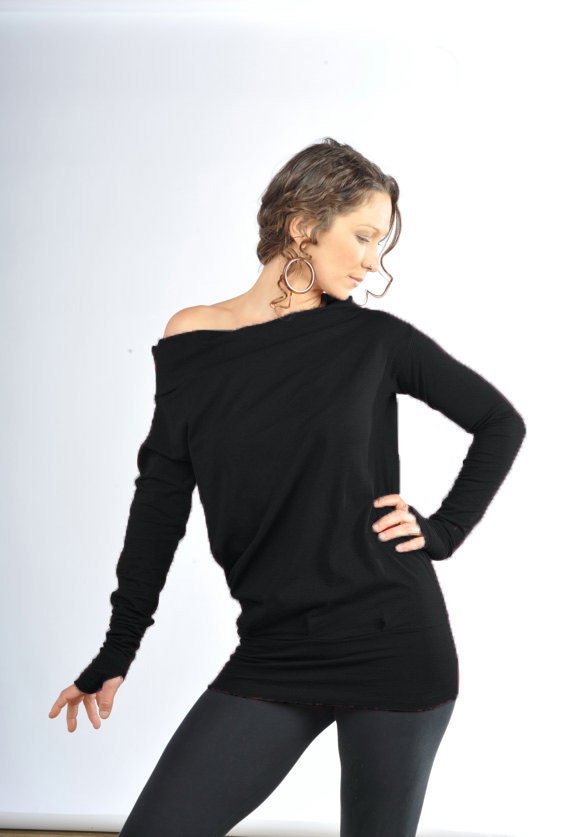 Damen Herbstmode - Schwarzes Longsleeve Lockere Passform Top Daumenloch, Yoga Shirt, Entspanntes von aurorawear1