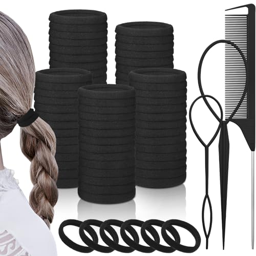 100 Stück Haargummis Mädchen,4.3cm Große Schwarz Seamless Weich Elastisch Haargummis Damen with Stielkamm für Mädchen,Damen Haar(Schwarz) von aurorayer