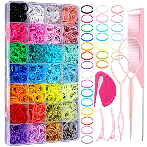 1500 Stück Klein, Elastisch Mini Haargummis - 28 Farben, Haar Band mit Veranstalter Kasten, Haarspangen, Cutter, Haarschwanz-Werkzeuge, Kamm für Mädchen & Dame Puppe Haarstyling von aurorayer