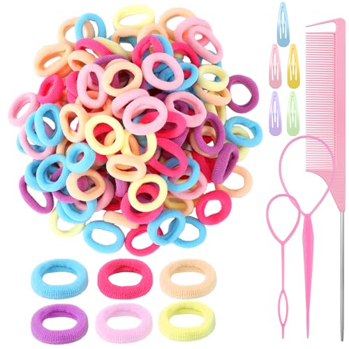 200 Stück Haargummis Mädchen,Mini Bunte Haargummi Kinder Soft Elastische Haargummi mit Haarspangen,Stielkamm,Flechthilfe Haare für Baby Kinder Mädchen von aurorayer