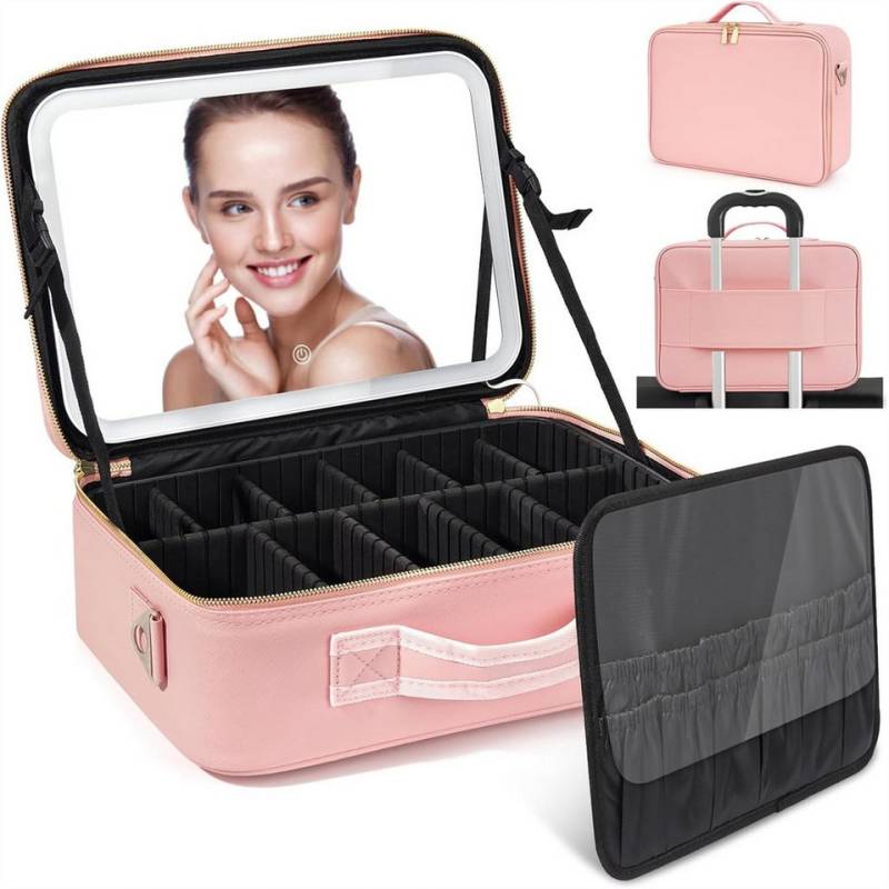 autolock Kosmetiktasche Make up Tasche,Kosmetiktasche mit LED Spiegel(3 Farbe)Schminktasche, Mit großer Pinselstauraum,USB-C Aufladung,Reisebox für Damen von autolock