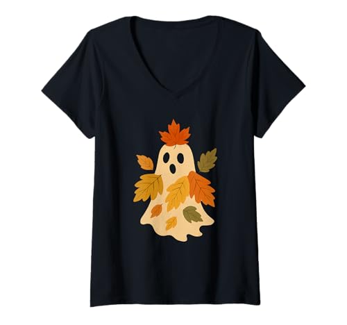 Damen Herbstgeist mit Blättern T-Shirt mit V-Ausschnitt Damen Herbstgeist mit Blättern T-Shirt mit V-Ausschnitt von autumn ghost fall leaves cozy spooky harvest