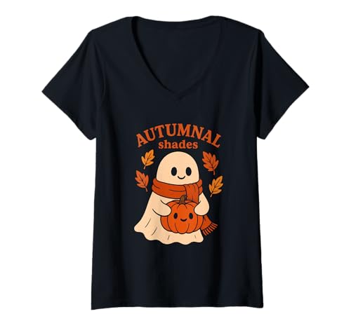 Damen Autumnal Shades Cozy Ghost T-Shirt mit V-Ausschnitt von autumnal shades ghost scarf pumpkin cozy halloween