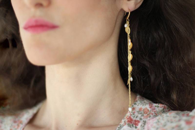 Blatt Wasserfall Ohrringe, Braut Blätter Kette Perlen Brautschmuck, Hochzeit Perle, Lange Boho Gold Ohrringe von avigailadam