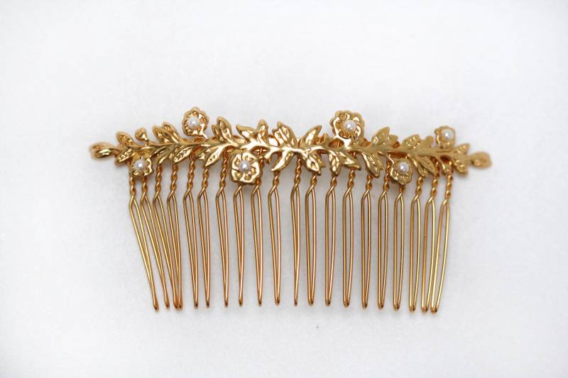 Doppelter Blumenstrauß-Kamm, Brautgold-Blumenkamm, Goldene Blumenkamm, Perlen, Handgemacht, Geschenk Für Sie, Vergoldet, Brautjungfer Zubehör von avigailadam